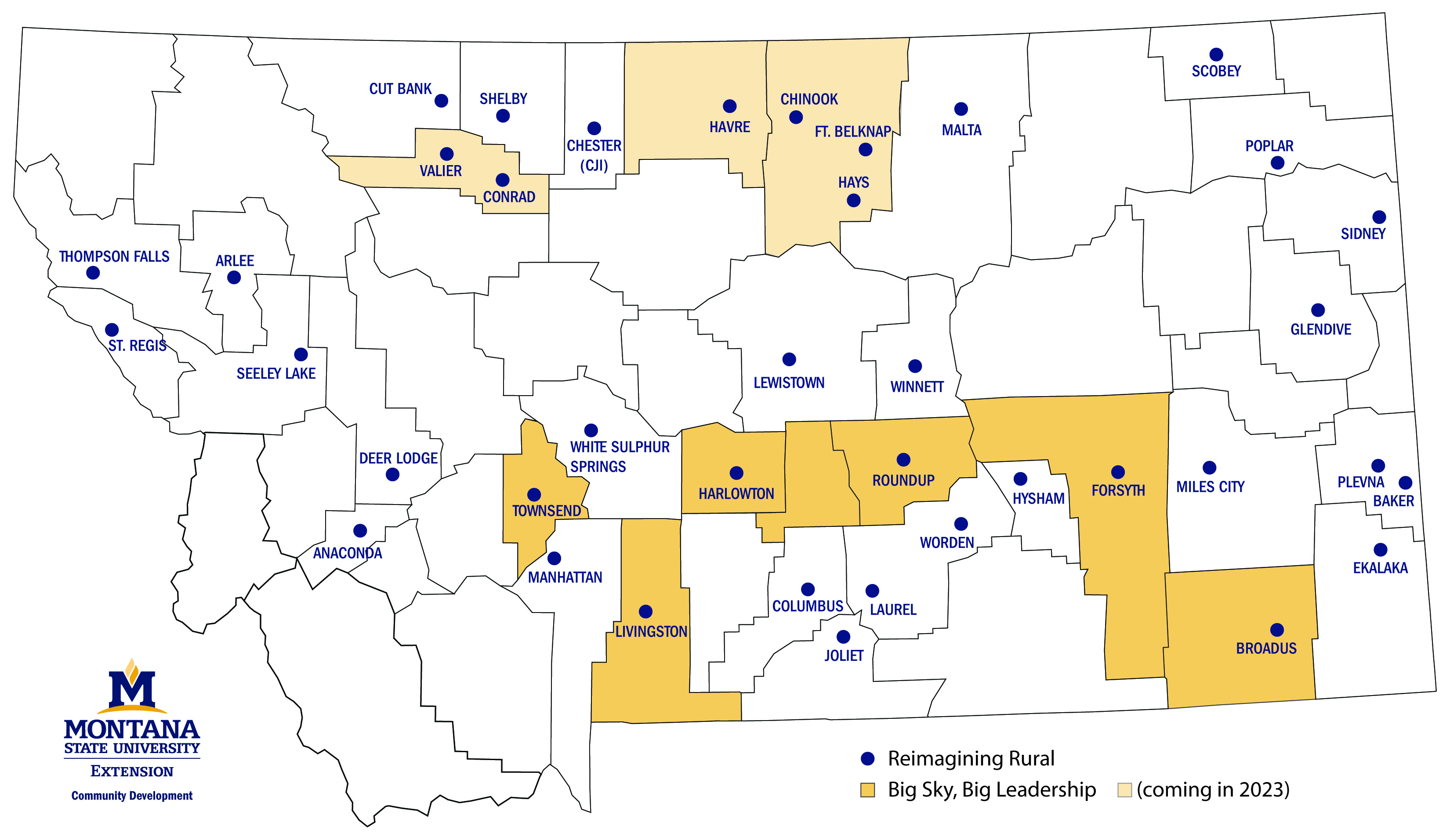 Outline of state of Montana with dots for Reimagining Rural communities and counties where BSBL is hosted.